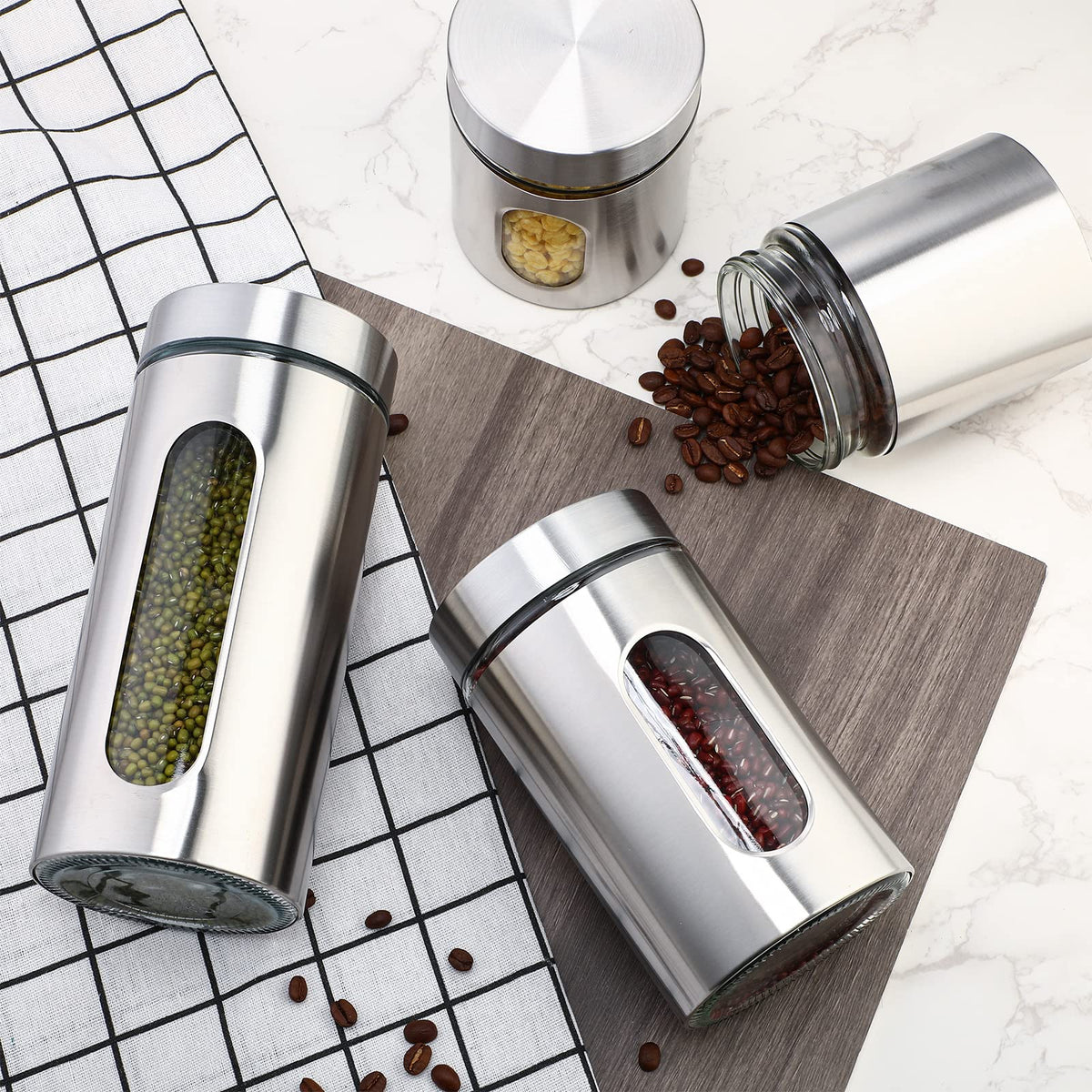 8 Pcs Kitchen Canister Set Stainless Steel Nested Canister Storage Set with Glass Window Airtight Lid Coffee Sugar Tea Storage Jars for Flour Pasta Cookies Spices Grains