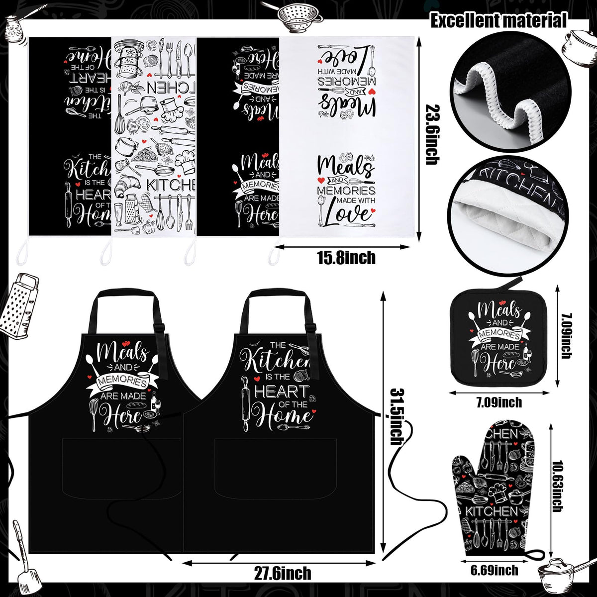 17 Pcs Black and White Kitchen Decor and Accessories Black and White Kitchen Rug and Mat Oven Mitts and Pot Holders Apron Dish Towels Cute Wooden Spoons for Home Decor Housewarming Gifts (17 Count)