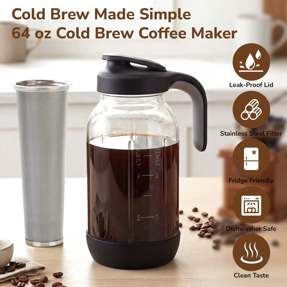 64 oz Cold Brew Coffee Maker with Stainless Steel Filter