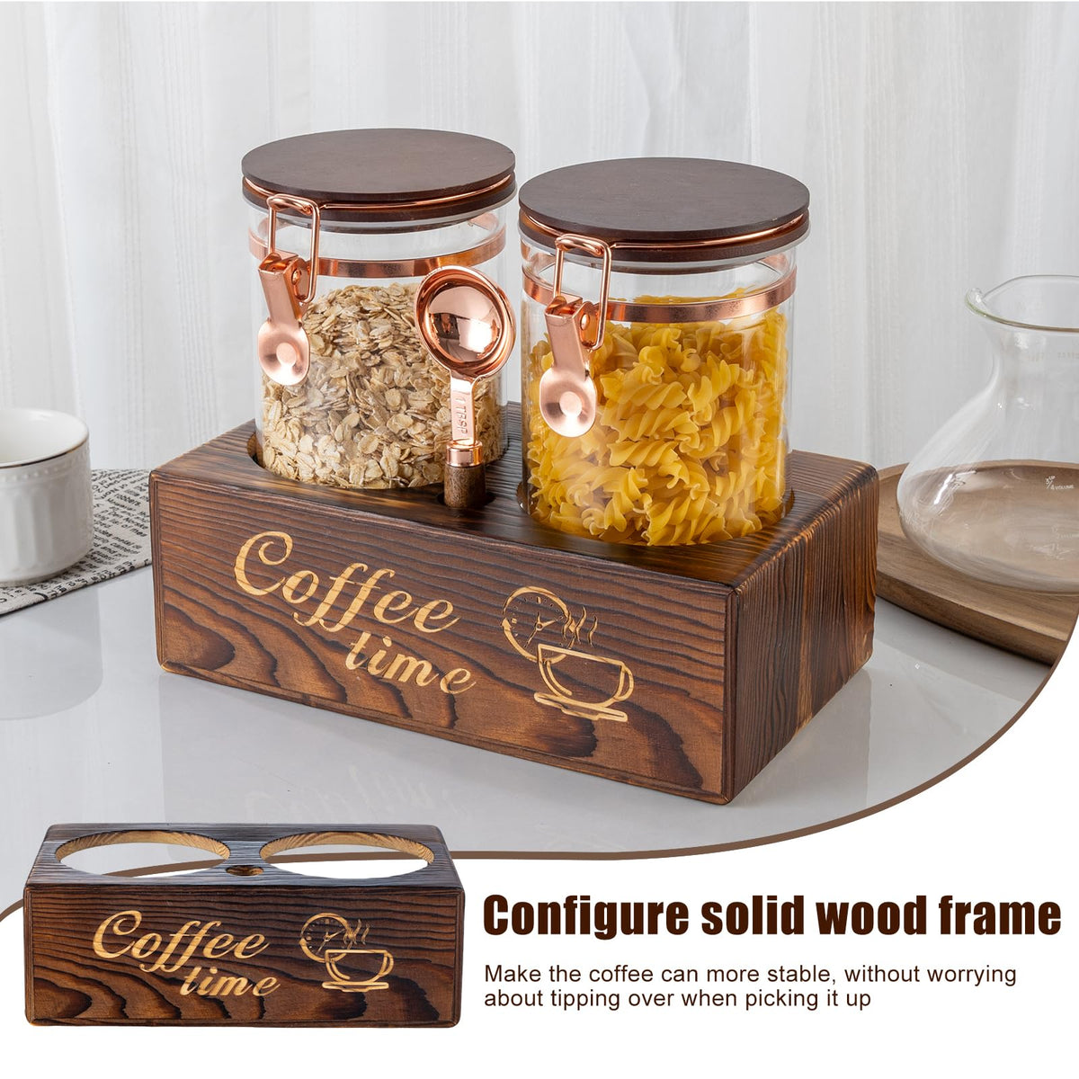Glass Coffee Canister Set with Torched Wood Shelf