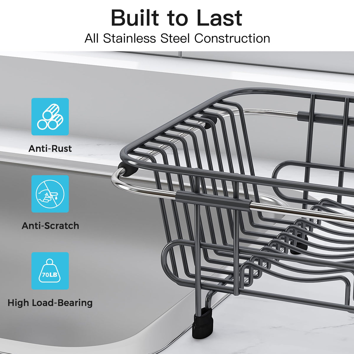 Gray Dish Drying Rack in Sink with Utensil Holder