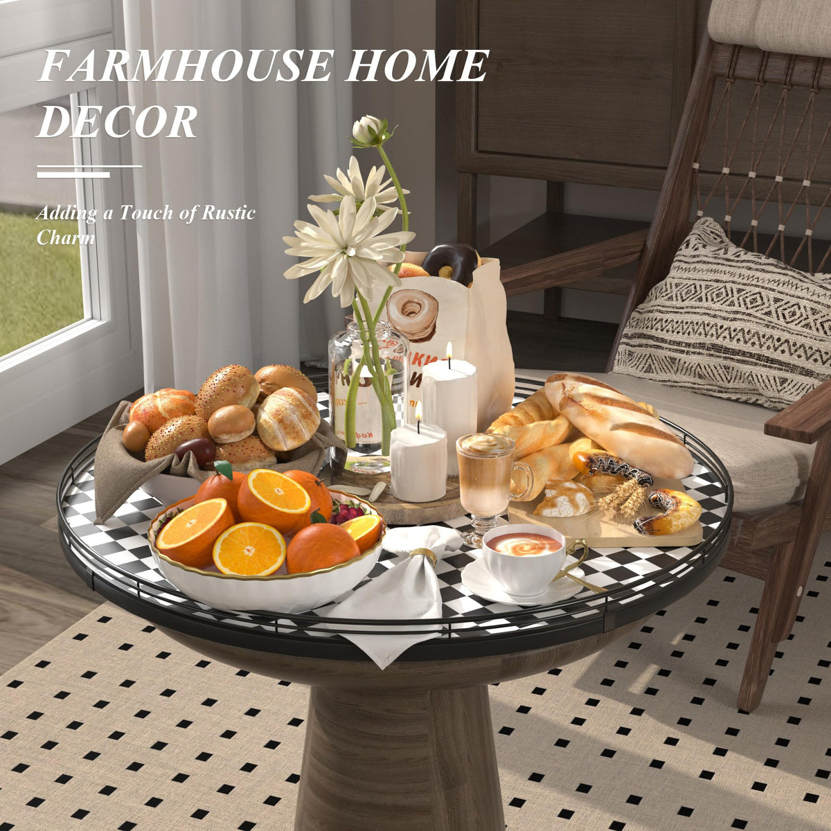 24 Inch Black and White Checkerboard Lazy Susan Decorative Tray