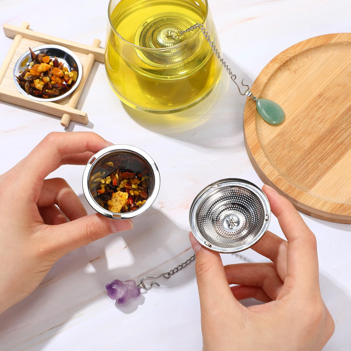 6 Sets Loose Leaf Tea Infusers Stainless Steel Steeper Ball for Loose Tea Holder Mesh Strainer Filters with Drip Trays and Pendant