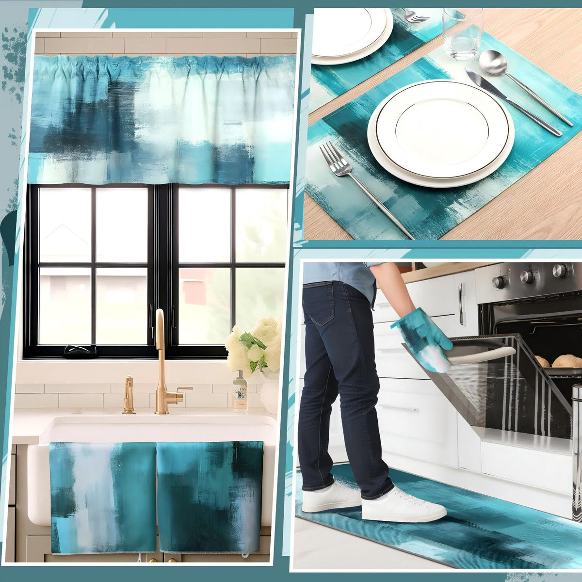 16 Pcs Turquoise Kitchen Decor and Accessories Set 4 Teal Abstract Area Kitchen Towels 2 Non Slip Rugs and Mats 2 Modern Grey Oven Mitts 2 Pot Holders 4 Placemats 2 Curtains for Home Decoration Gift (16 Count)