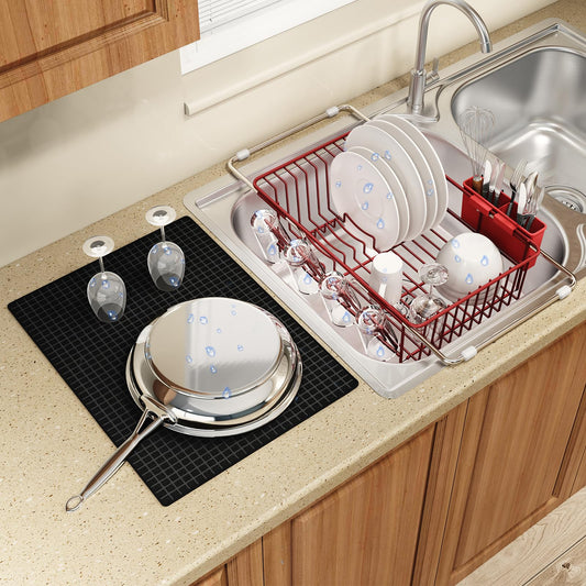 Red Dish Drying Rack Over The Sink with Utensil Holder