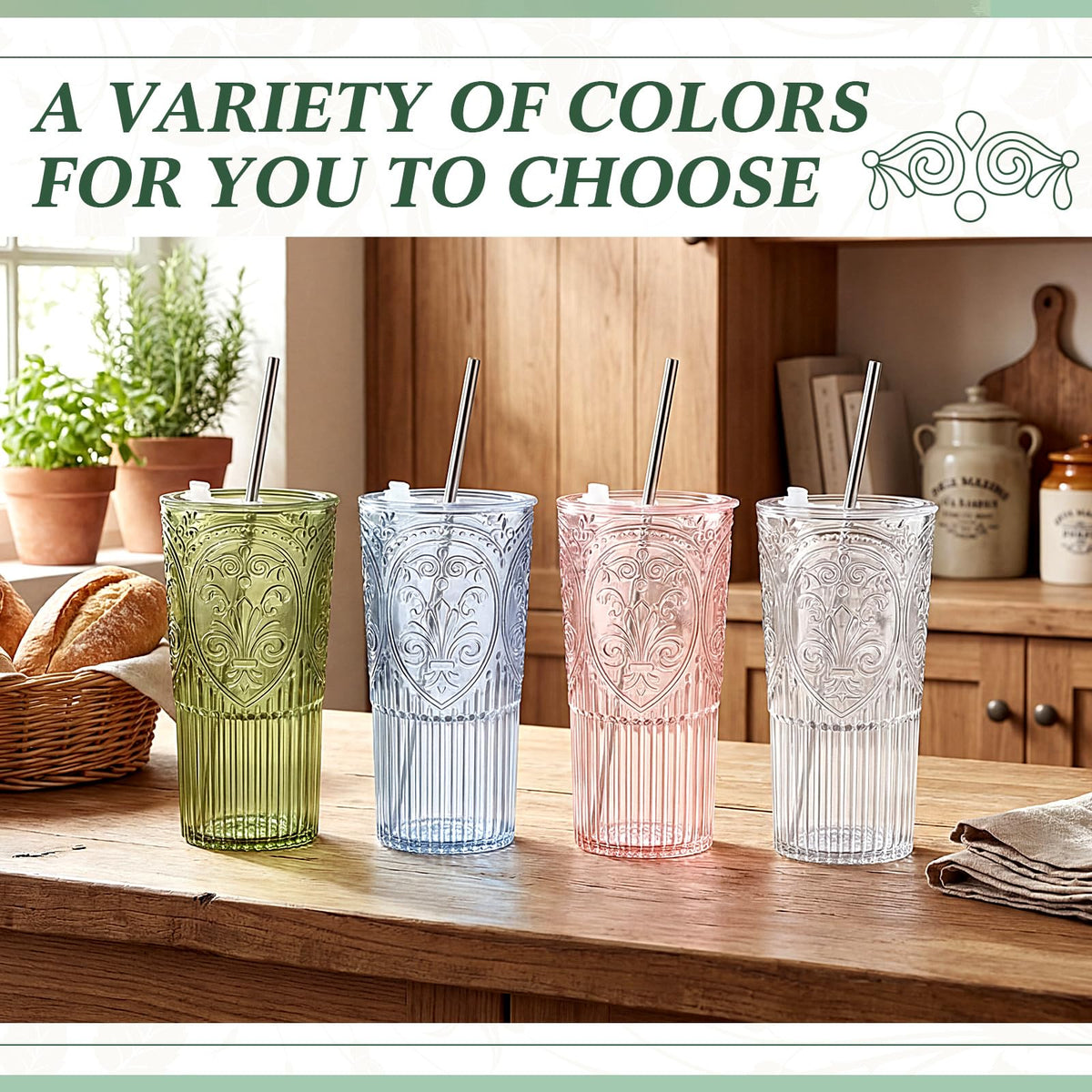 2 Set 20oz Vintage Plastic Tumbler with Lids and Straws Ribbed Floral Drinking Glasses Reusable Iced Coffee Cups for Water Juice Smoothie Cocktail Travel Party Events Gift (2 Count)