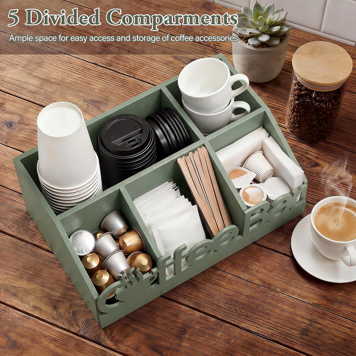 Coffee Station Organizer for Counter Wood Countertop Accessories Organizer Coffee Pods Holder Storage Basket for Pods Condiment Syrup Tea Cups Stirrers for Rustic Bar Decoration