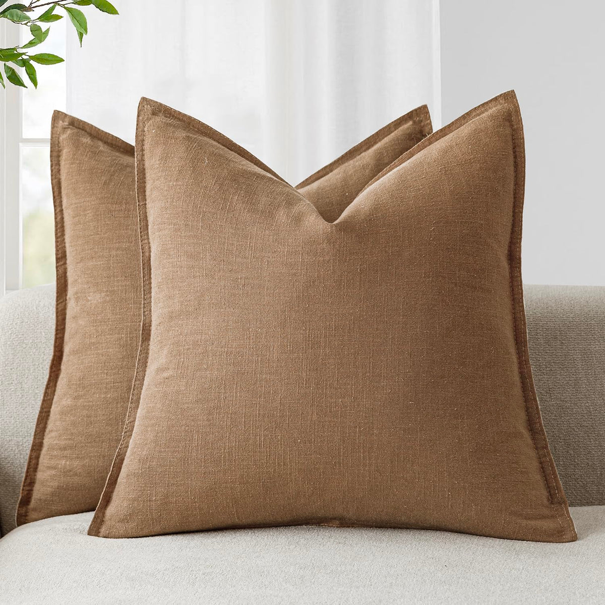 Pack of 2 Decorative Linen Solid Throw Pillow Covers Soft Accent Cushion Case Boho Farmhouse Pillowcase for Chair Couch Sofa Bedroom Living Room Home Decor 26 x 26 Inch Light Khaki Brown (2 Count)
