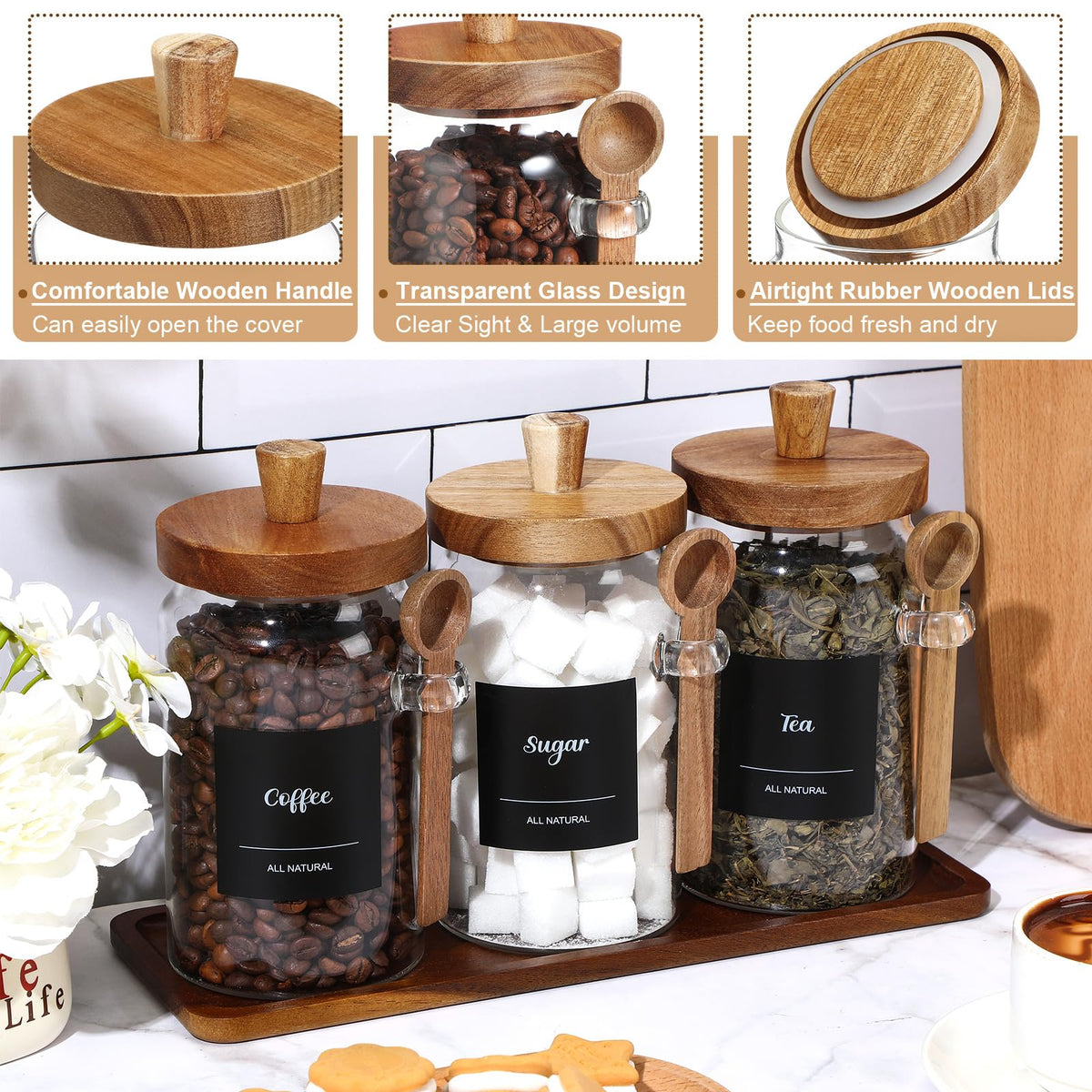 3 Pcs Glass Coffee Container Wood Lid (3 Count)