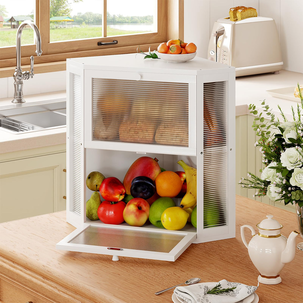 Double Layer Corner Bread Box for Kitchen Countertop with 2 Doors