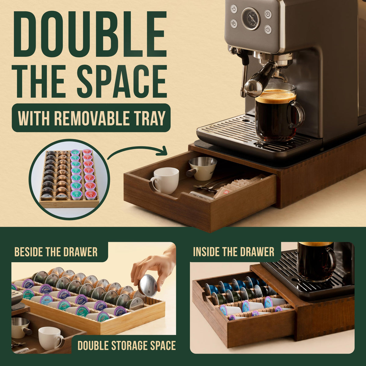 K Cup Holder & Nespresso Capsule Storage Drawer Organizer with Removable Coffee Pod Tray