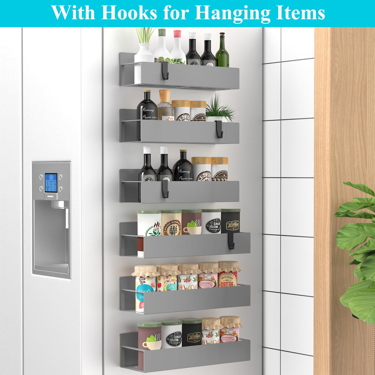 Metal Magnetic Spice Rack for Refrigerator Gray (6 Count)