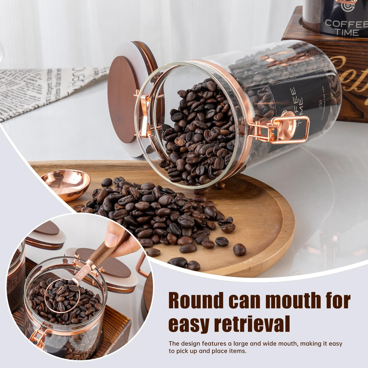 Glass Coffee Canister Set with Torched Wood Shelf