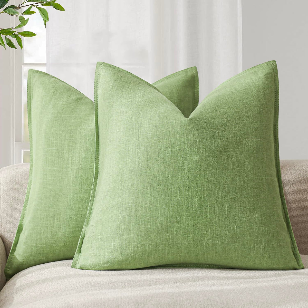 Pack of 2 Decorative Linen Solid Throw Pillow Covers Soft Accent Euro Cushion Case Boho Farmhouse Pillowcase for Chair Couch Sofa Bedroom Living Room Home Decor 22 x 22 Inch Lime Green (2 Count)