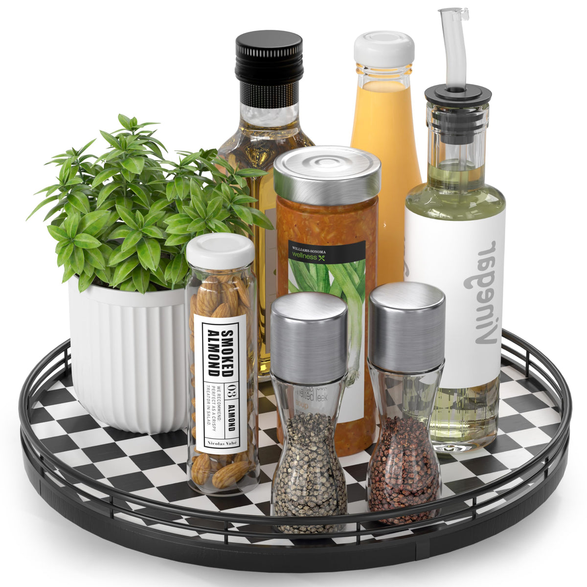 12 Inch Black and White Checkerboard Lazy Susan with Oak Wood Base