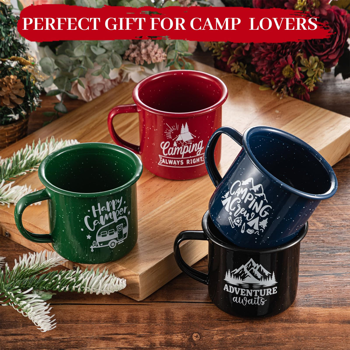 8 Pcs Enamel Camping Mugs 16 oz Outdoor Coffee Cups Nostalgic Speckled Enamelware Mug with Printed Design for Hot Cold Beverages Durable Cup for Happy Camper Adventure Home Travel Beach (8 Count)