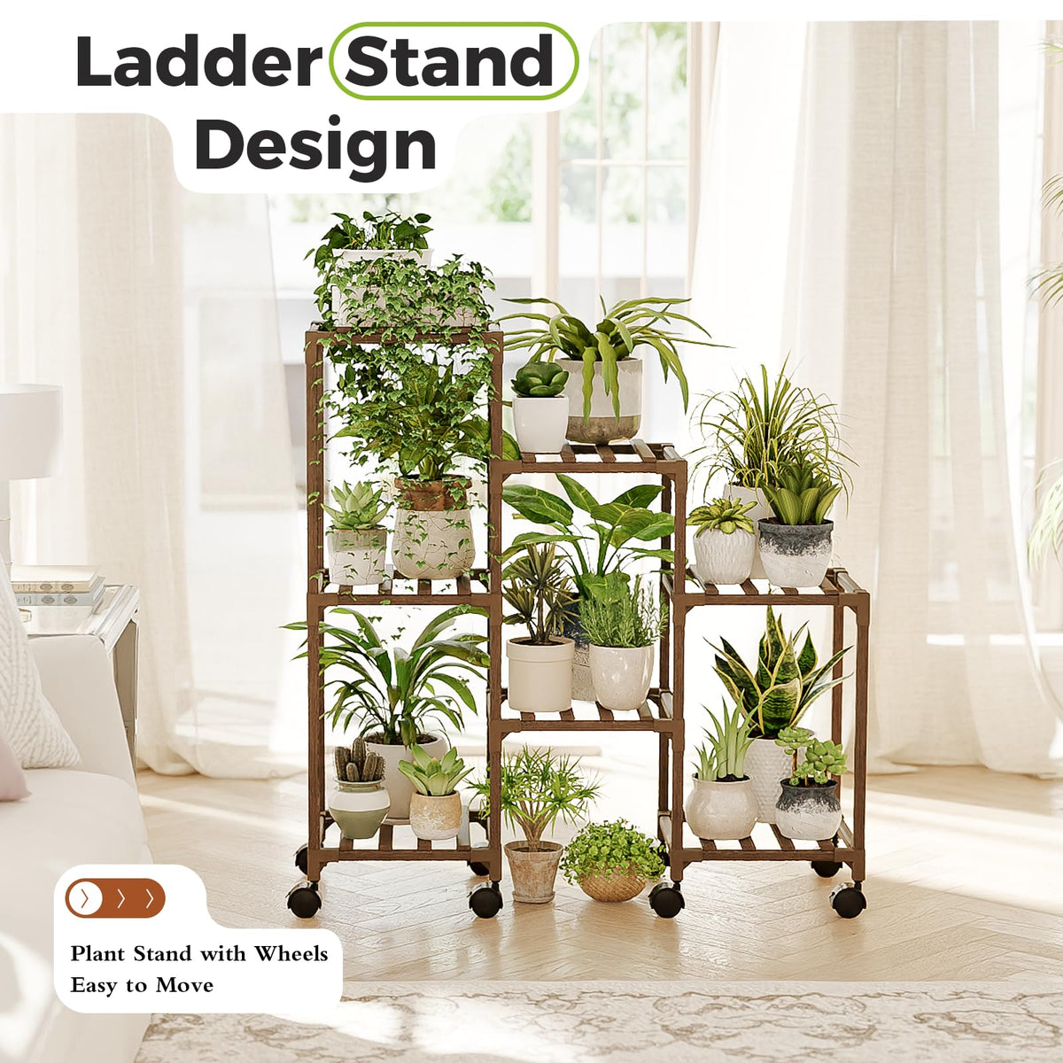 Plant Stand with Wheels for Indoor Plants Wood Outdoor Tiered Shelf 3 Tire 7 Potted Ladder Plant Holder Table Pot Stand for Window Garden Balcony Patio Living Room