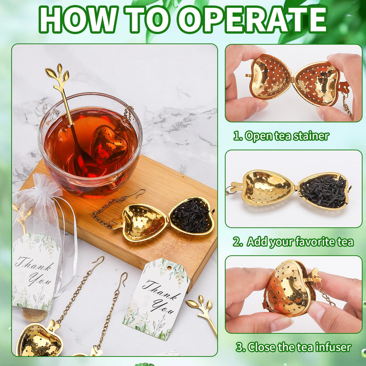 50 Sets Bridal Shower Tea Party Favor for Heart Shape Infuser Ball for Loose Guest Leaf Tea Spoon with Thank You Card Organza Bag Wedding Favors Tea Party Decorations Elegant Party Favors