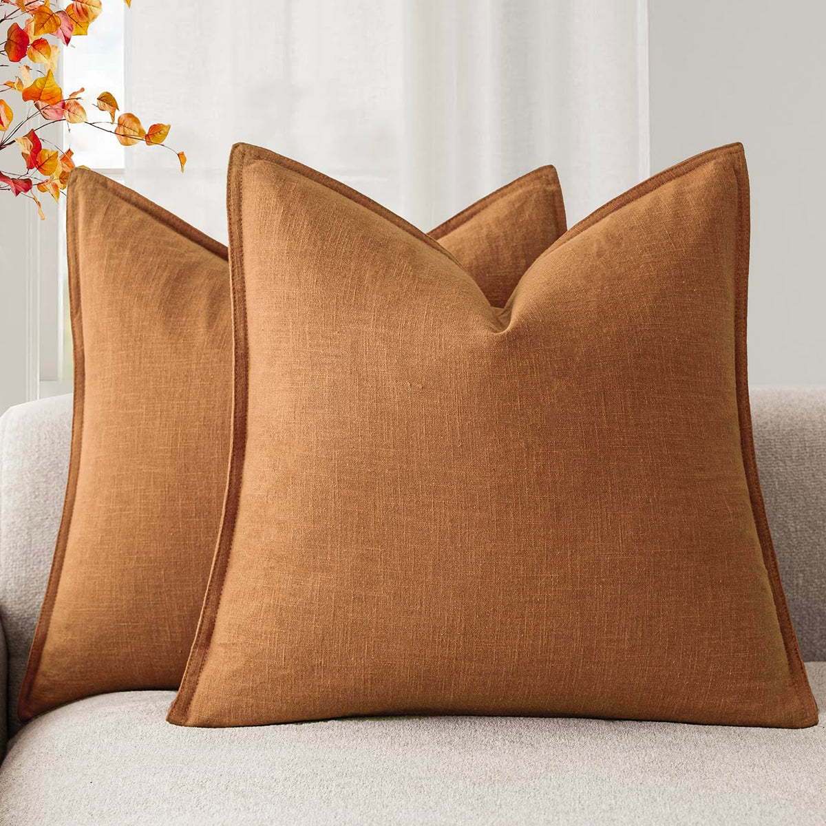 Set of 2 Decorative Linen Solid Throw Pillow Covers Soft Accent Cushion Euro Case Boho Farmhouse Pillowcase for Chair Couch Sofa Bedroom Living Room Home Decor 24 x 24 Inch Autumn Orange