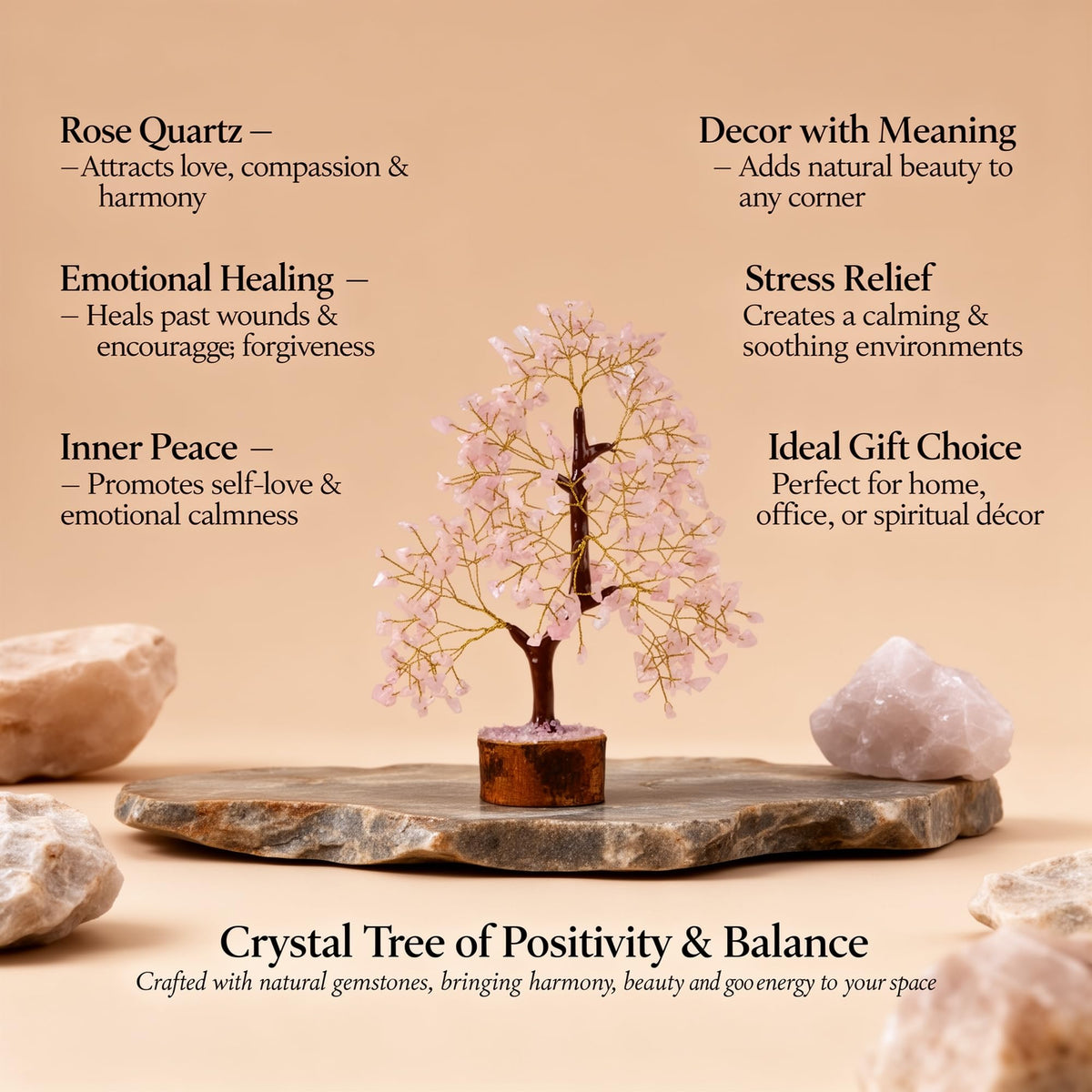 Crystal Tree of Life Rose Quartz Healing Crystal Trees for Home & Office Decor