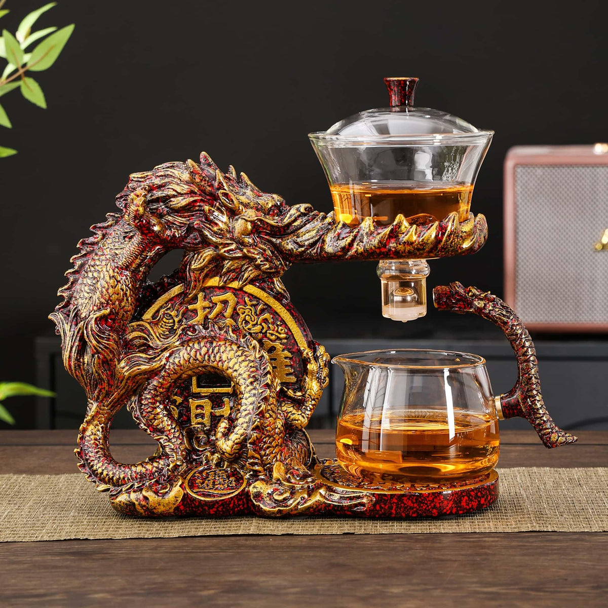 Glass Teapot Set with Infuser Semi Automatic Dragon Tea Set with 6 Small Cups