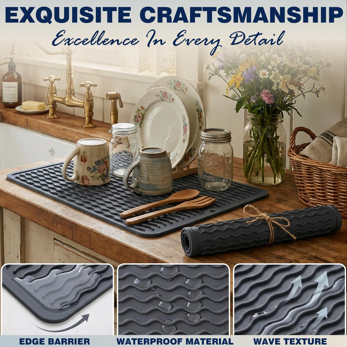 2 Pack Caketime Silicone Dish Drying Mat for Kitchen Counter Cooking Baking Under Sink Protector Espresso Machine Accessories Stone Rack Trays Drain Extra Large 24"x18"