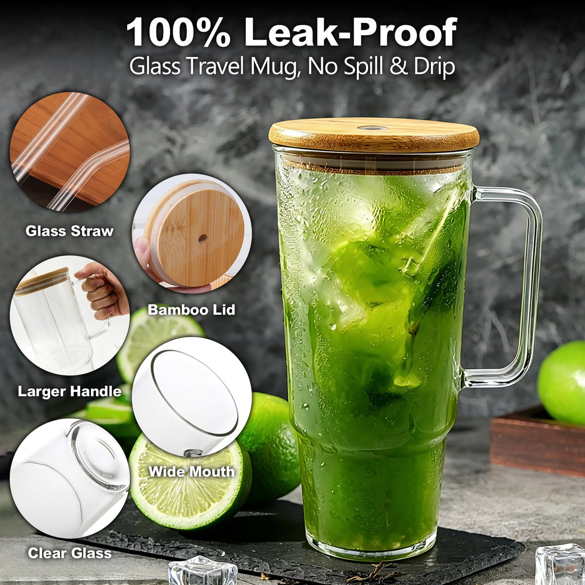 Glass Cup with Handle 49oz Tumbler with Straw and Lid