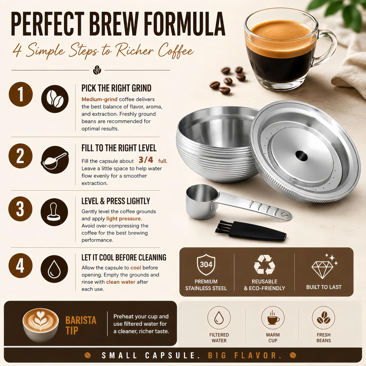 Stainless Steel Reusable Coffee Pods Compatible with Nespresso Vertuoline GCA1 and ENV135 Refillable Refillable Coffee Capsule Filter with Tamper Espresso Size 80ml