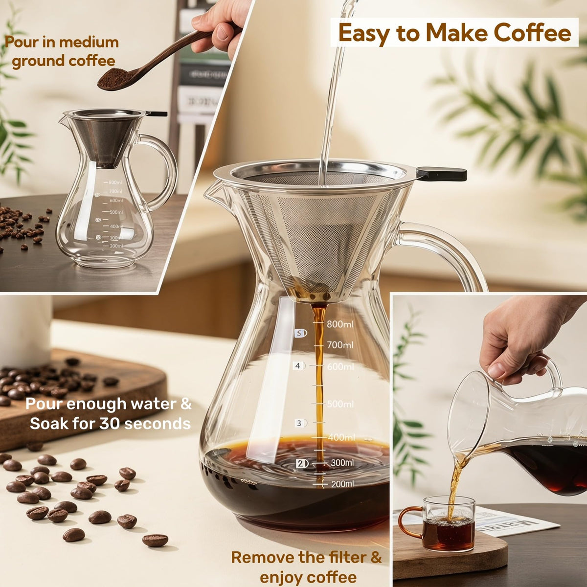 Pour Over Coffee Maker Set with Reusable Stainless Filter 27 fl oz