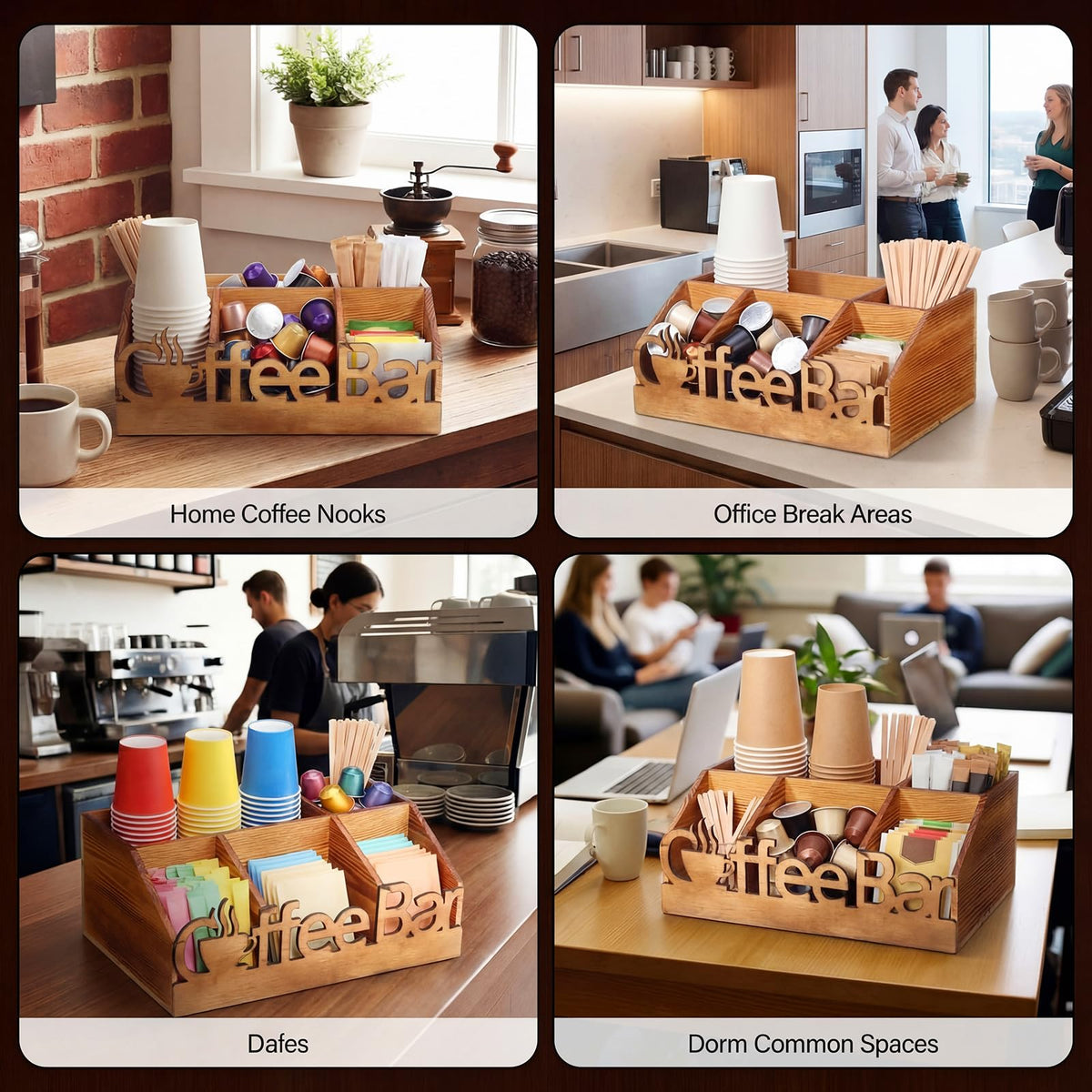 Coffee Station Organizer for Counter Wood Countertop Accessories Organizer Coffee Pods Holder Storage Basket for Pods Condiment Syrup Tea Cups Stirrers for Rustic Bar Decoration