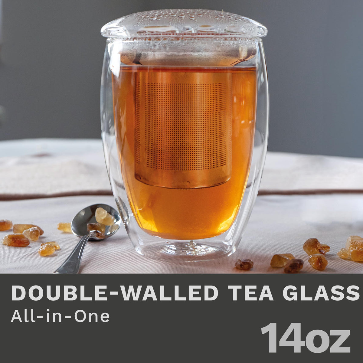 Double Walled Tea Glass with Stainless Steel Filter and Glass Lid
