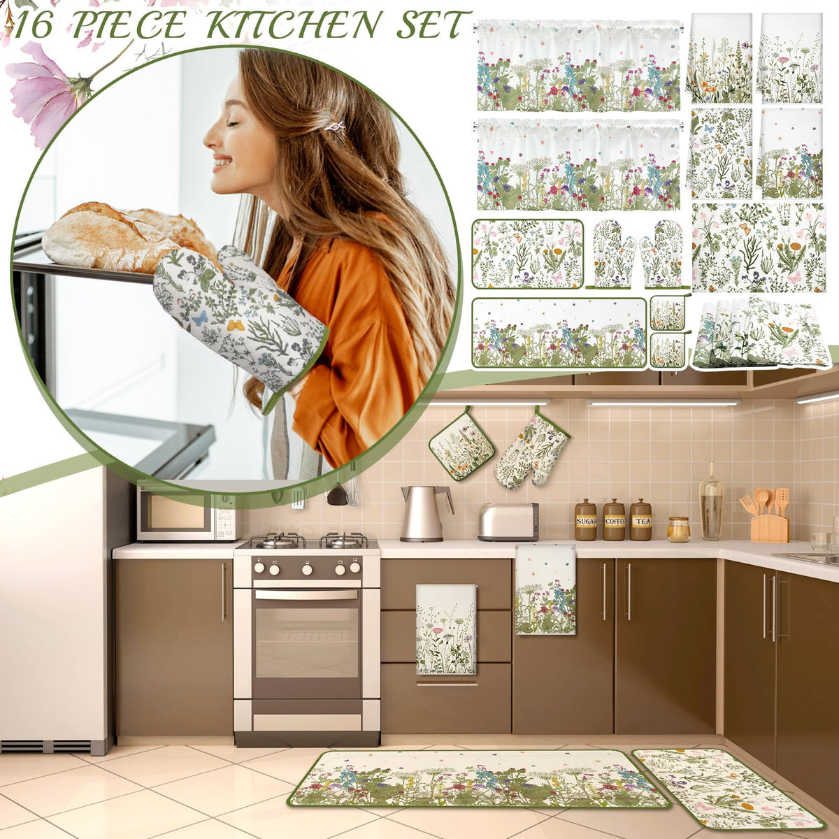 16 Pcs Wildflower Floral Kitchen Decor Set Spring Kitchen Towels and Dishcloth Non Slip Rug Floor Mat Farmhouse Flower Oven Mitts and Pot Holder Retro Curtain Set for Home Decoration Gift (16 Sq Ft)
