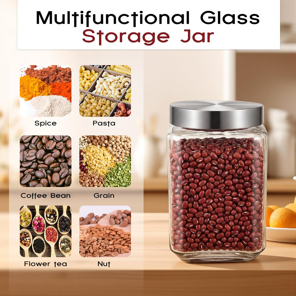 6 Pack 51 oz Square Glass Jars with Lids Wide Mouth Kitchen (6 Count)