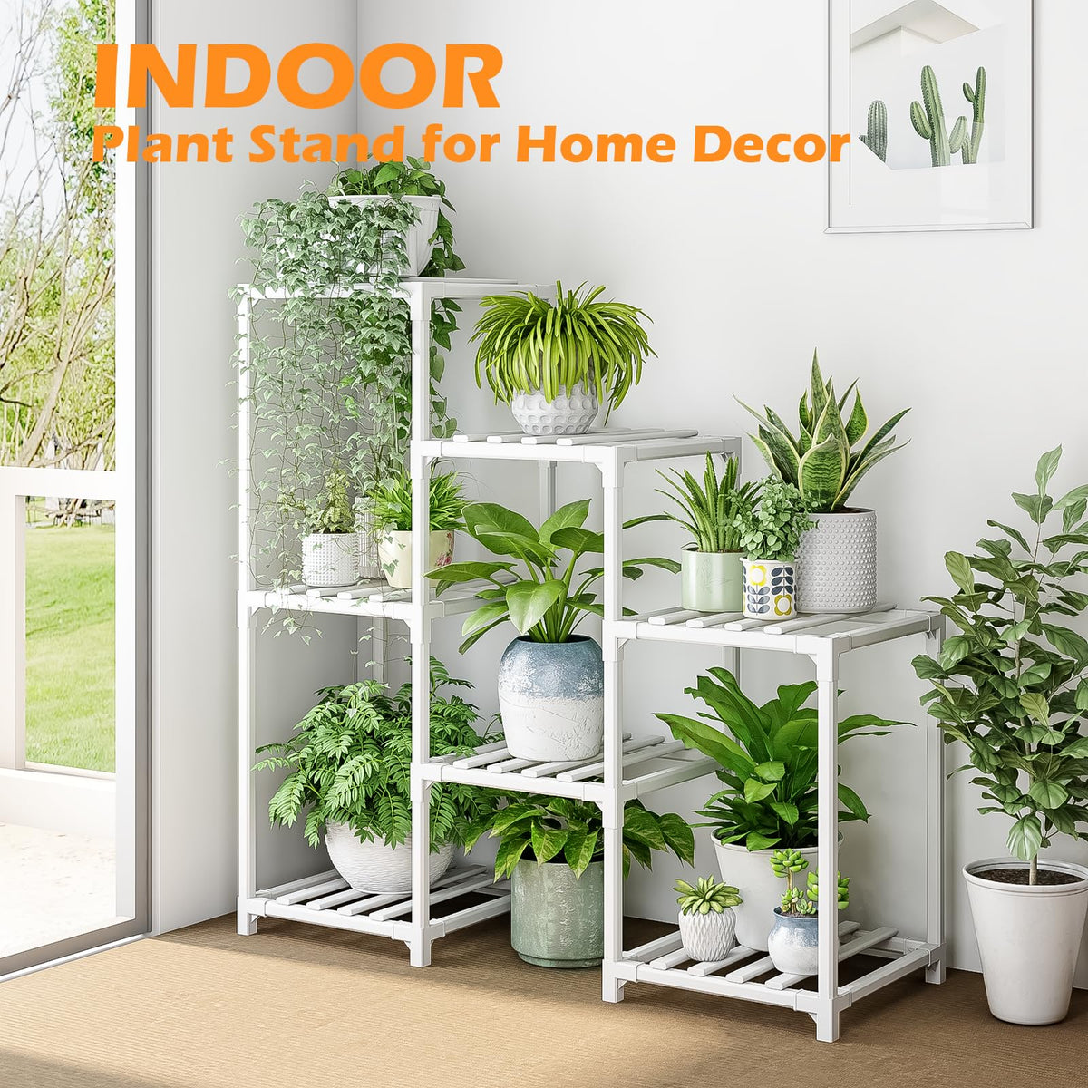 Indoor Plant Stand Outdoor White Shelf Bamboo Plant Table for Multiple Plants 3 Tiers 7 Pots Ladder Holder Pot Window Garden Balcony Living Room