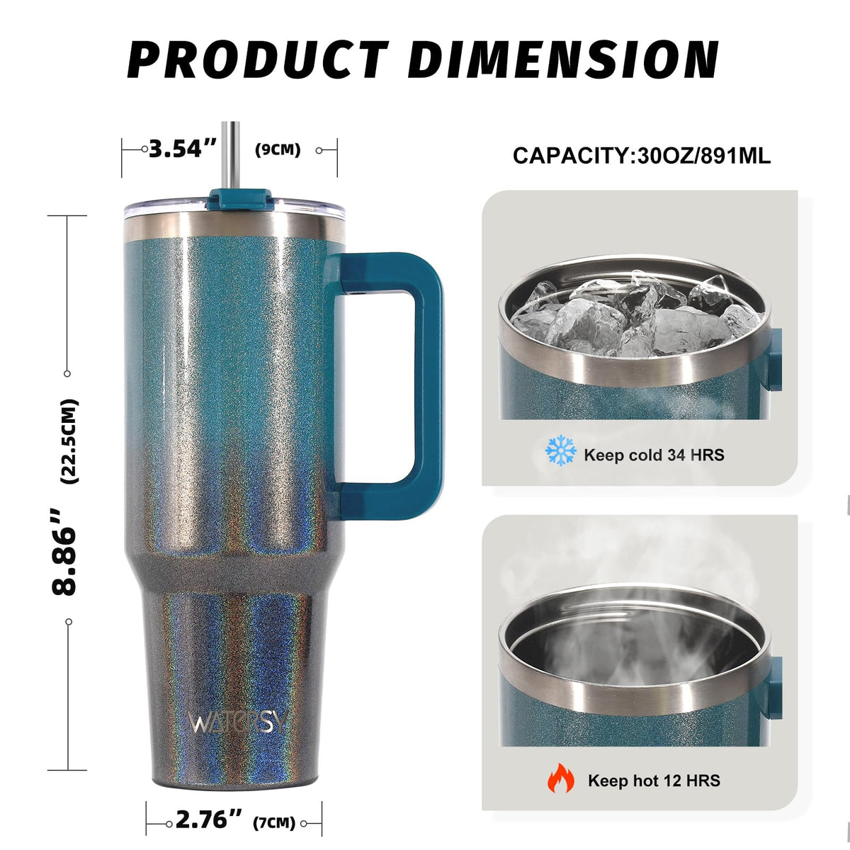 30 oz Shiny Tumbler with Handle and Straw