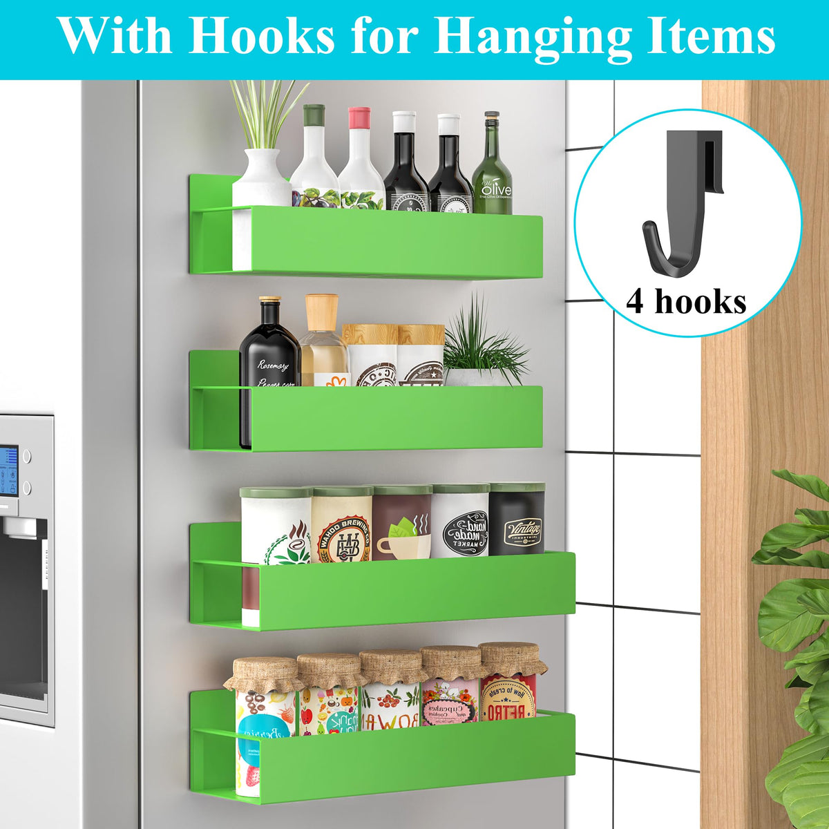 Metal Magnetic Spice Rack for Refrigerator Green (4 Count)
