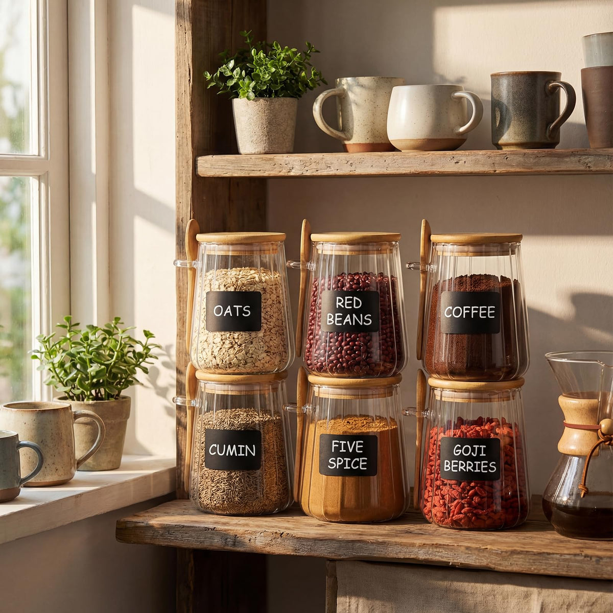 Glass Jar Sugar Container with Bamboo Spoons Lids 24 oz Large Sugar Container Glass Coffee Bowls Canister Coffee Bar Accessories with Labels Preprinted for Salts Tea Spice (12 Count)