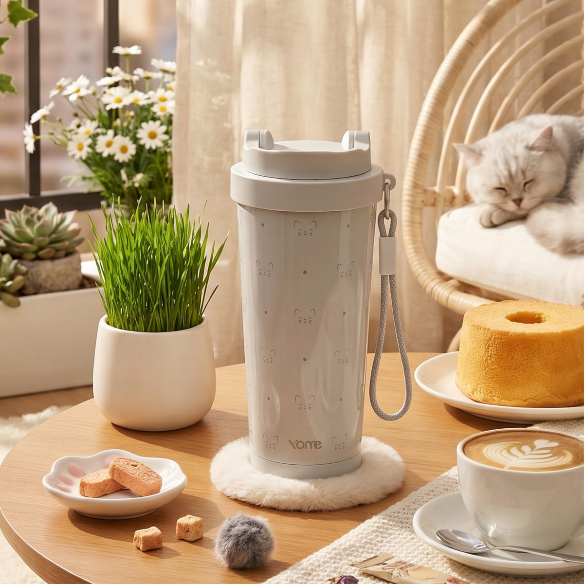 17oz Serene Cat Grey Ceramic Lined Insulated Coffee Mug with Infuser for Women