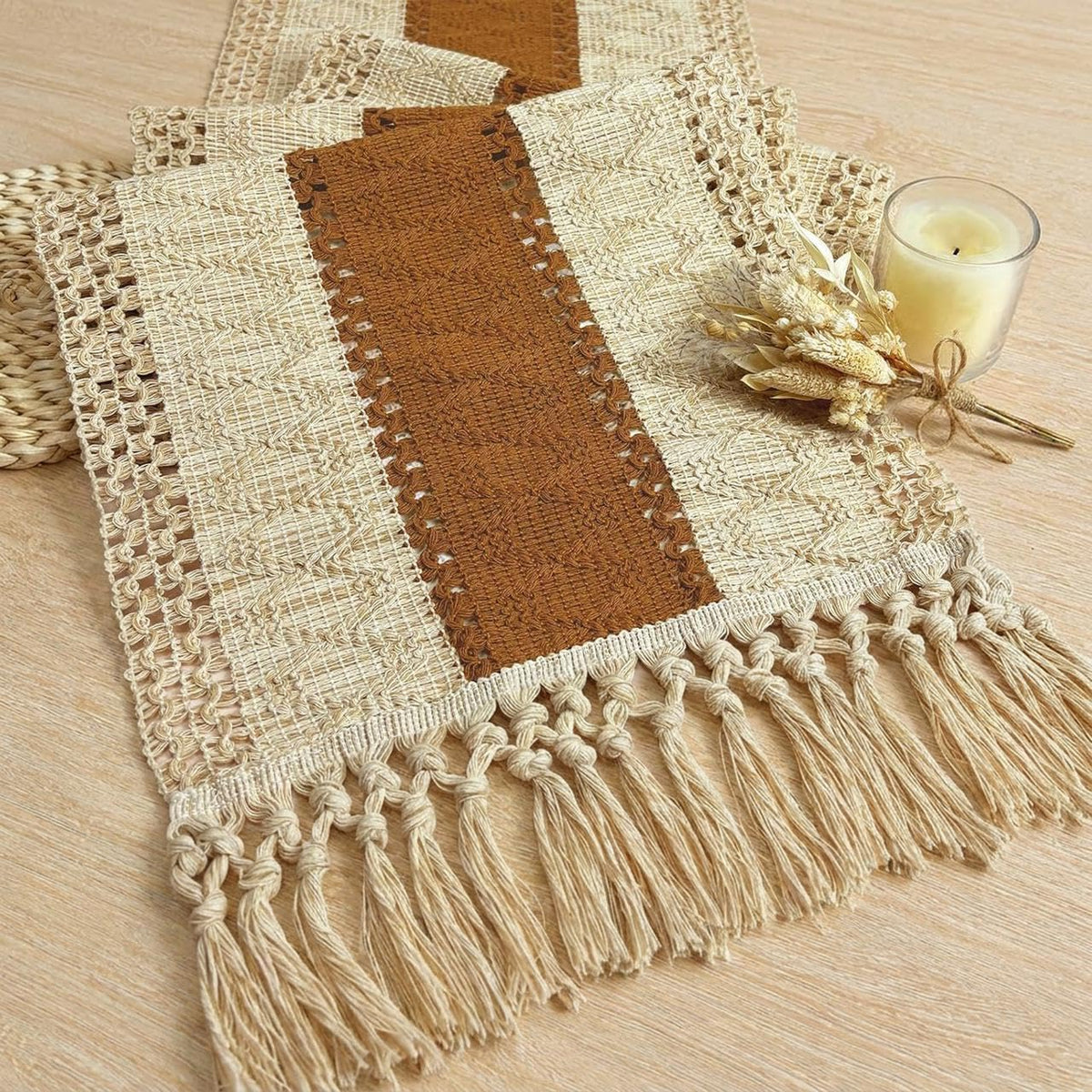 Boho Table Runner for Home Decor 12x48 Fall Coffee Table Decor Caramel (4 Foot)