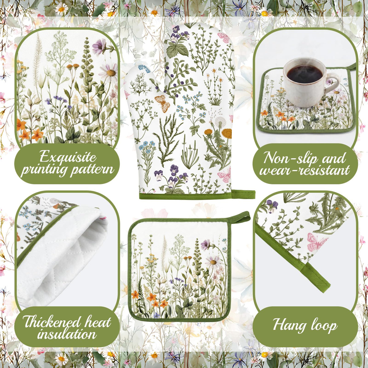 16 Pcs Wildflower Floral Kitchen Decor Set Spring Kitchen Towels and Dishcloth Non Slip Rug Floor Mat Farmhouse Flower Oven Mitts and Pot Holder Retro Curtain Set for Home Decoration Gift (16 Sq Ft)
