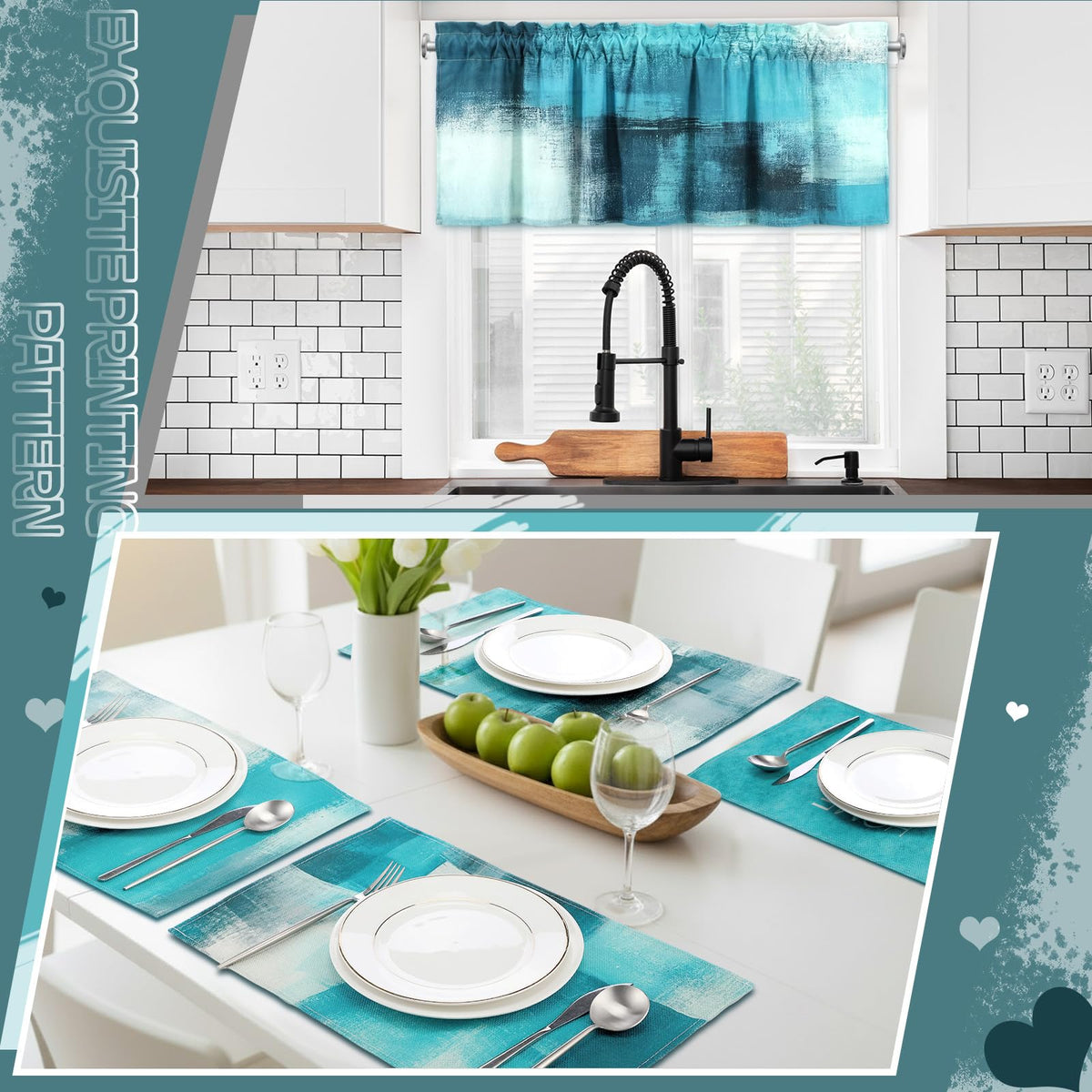 16 Pcs Turquoise Kitchen Decor and Accessories Set 4 Teal Abstract Area Kitchen Towels 2 Non Slip Rugs and Mats 2 Modern Grey Oven Mitts 2 Pot Holders 4 Placemats 2 Curtains for Home Decoration Gift (16 Count)