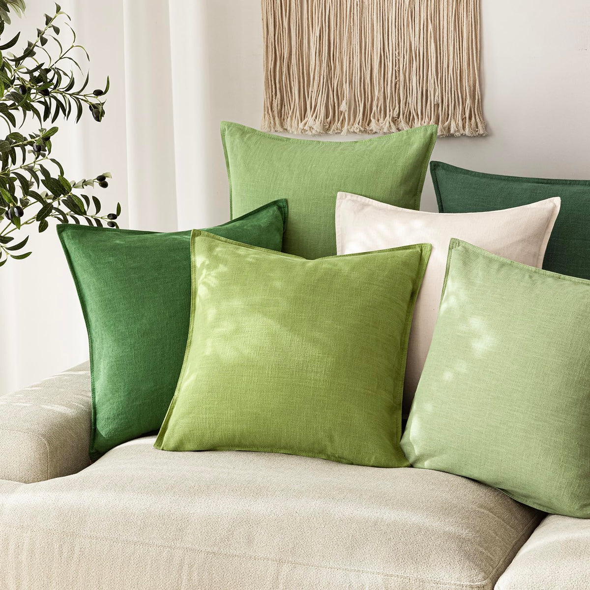 Pack of 2 Decorative Linen Solid Throw Pillow Covers Soft Accent Euro Cushion Case Farmhouse Neutral Pillowcase for Chair Couch Sofa Bedroom Living Room Home Decor 24 x 24 Inch Lush Green (2 Count)