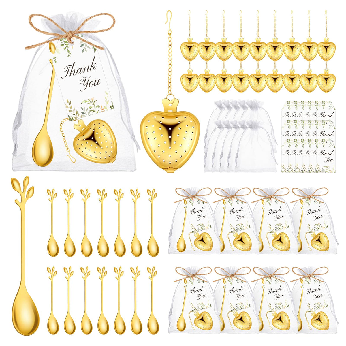 50 Sets Bridal Shower Tea Party Favor for Guests Leaf Tea Spoon Heart Tea Infuser for Loose Leaf Tea Steeper with Thank You Card Organza Bags for Wedding Decoration Gift Souvenirs