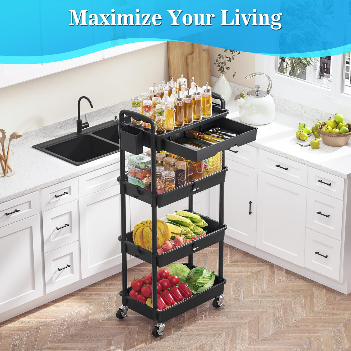 4 Tier Rolling Cart with Drawer