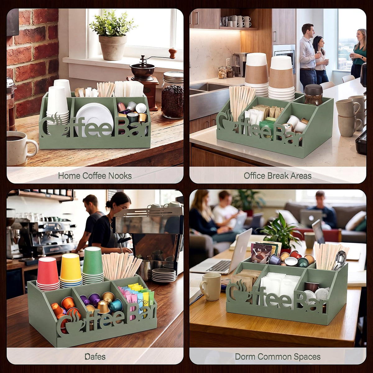 Coffee Station Organizer for Counter Wood Countertop Accessories Organizer Coffee Pods Holder Storage Basket for Pods Condiment Syrup Tea Cups Stirrers for Rustic Bar Decoration