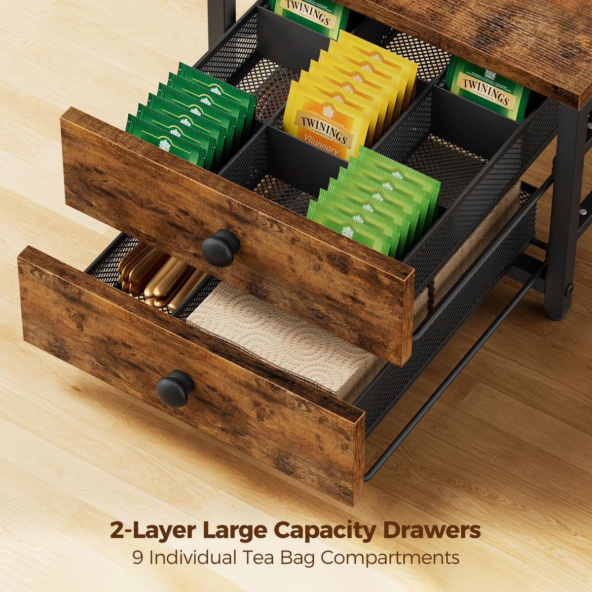 Tea Bag Organizer and Storage with 2 Drawers for Countertop