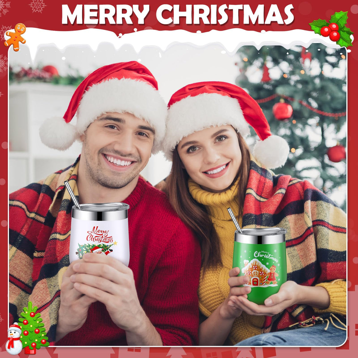7 Set Christmas Wine Tumbler with Lid Straw Brush (7 Count)