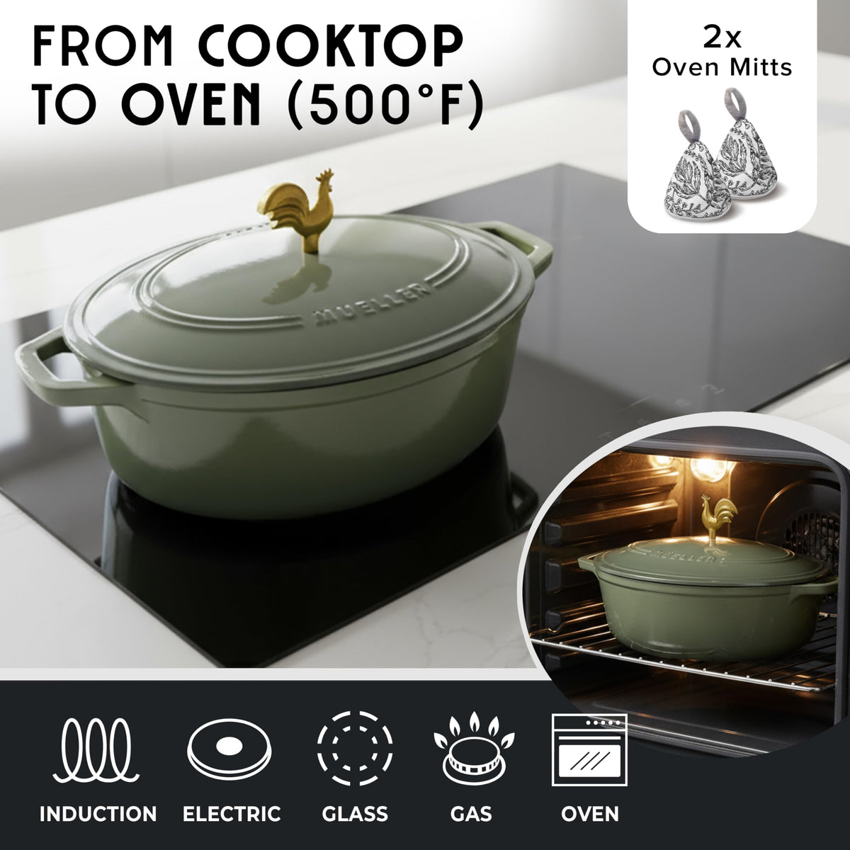 5.5 Quart Enameled Cast Iron Oval Dutch Oven w Rooster Knob & Cotton Potholders