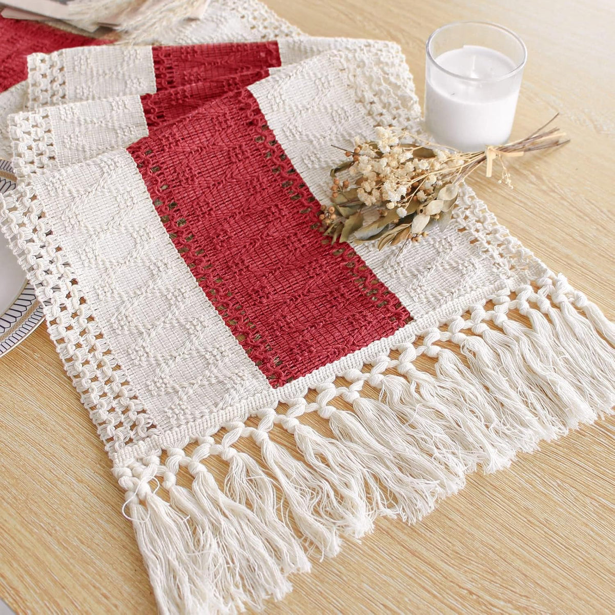 Boho Table Runner for Home Decor 12x72 Red Fall Coffee Table Decor (6 Foot)
