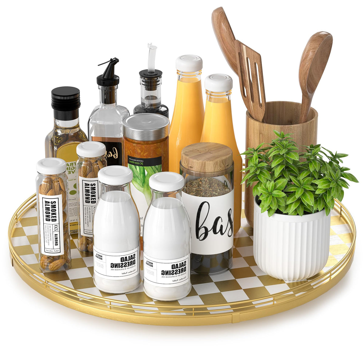 16 Inch Gold and White Checkerboard Lazy Susan with Rubberwood Base